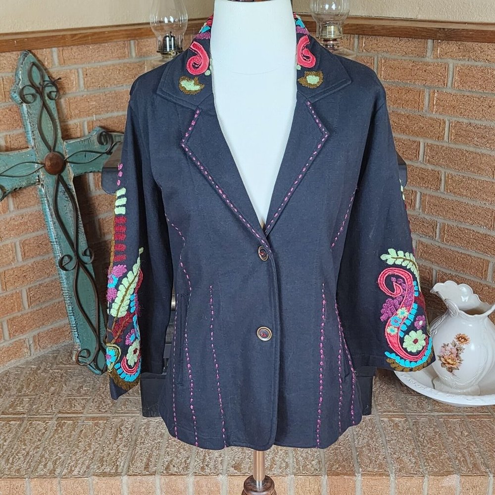 Parsley & Sage Black Jacket Blazer Embroidery Accents Size L